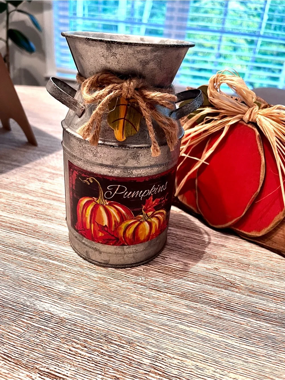 Fall Thanksgiving “Give Thanks” Wooden Holiday Sign and Galvanized Pumpkin Tin